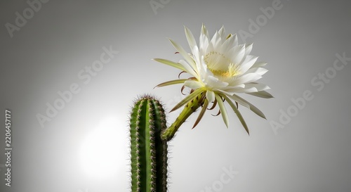 Beautiful White Cactus Flower Blooming on Green Stem Isolated on Gray Background Desert Botanical Flora Purity and Growth