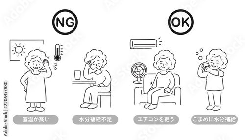 Line illustrations depict heatstroke prevention measures for elderly women
