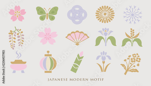 Japanese floral and cultural ornament collection pastel vector illustration