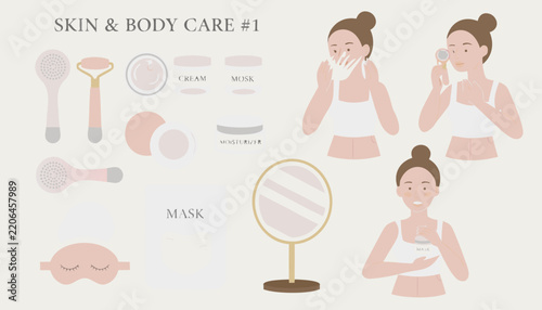 Vector illustration of skin and body care icons with characters