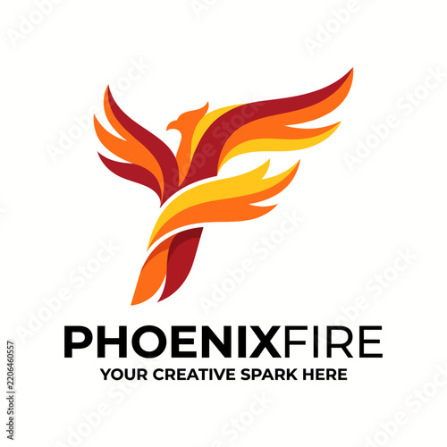 A vibrant logo of a phoenix rising with fiery feathers, symbolizing creativity, inspiration, and rebirth in a colorful and dynamic design that captures resilience and innovation.
