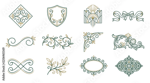 Ornate Decorative Embellishments: Swirls, Scrolls, Leaves, Crests, Ribbons