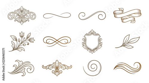 Ornate Decorative Elements, Vintage Flourishes, Isolated on Transparent Background