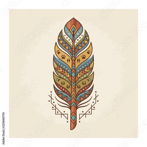 Ethnic tribal feather with geometric patterns and animal tracks