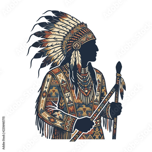 Tribal warrior silhouette with ornate feathered headdress and geometric patterns