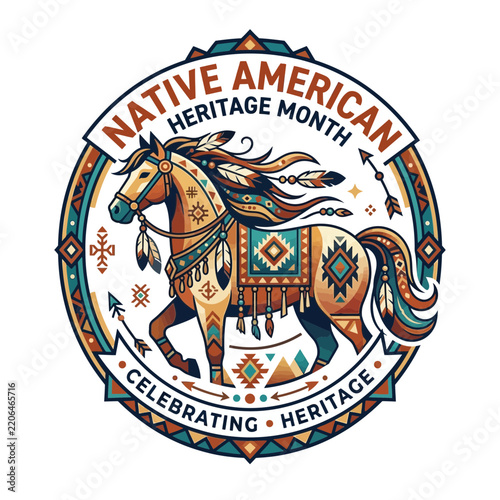 Native American heritage month emblem with stylized tribal horse vector
