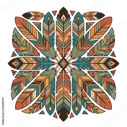 Symmetrical feather mandala illustration with earthy tribal patterns