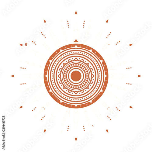 Terracotta tribal mandala sunburst with geometric ethnic patterns