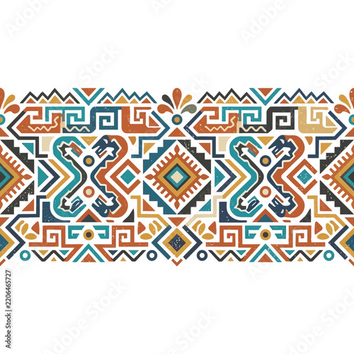 Geometric Tribal Seamless Border Pattern with Ethnic Folk Art Motifs