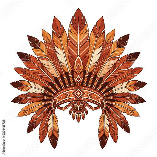 Traditional Tribal Feather Headdress Illustration with Ethnic Geometric Patterns