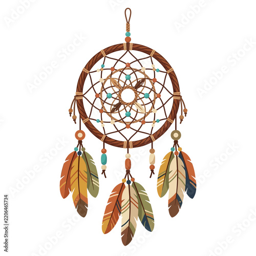 Bohemian dreamcatcher illustration with feathers and beads