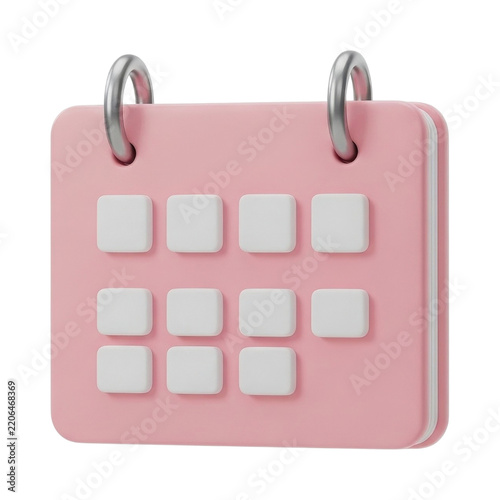 Pink minimal 3d calendar icon with blank white squares for dates and appointments.