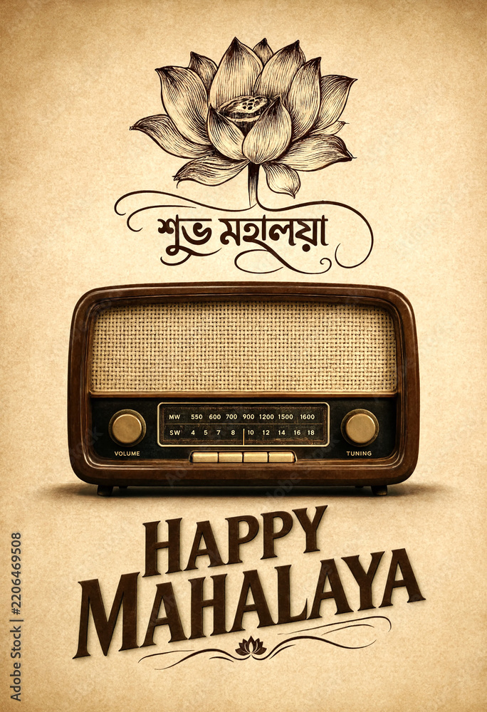 Fototapeta premium Vintage Radio Greeting Card With Lotus Flower Happy Mahalaya Celebration Design