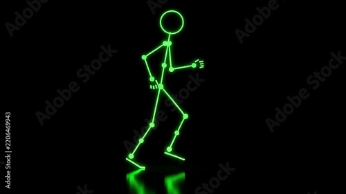 Green neon glowing stick figure jogging seamlessly on dark background