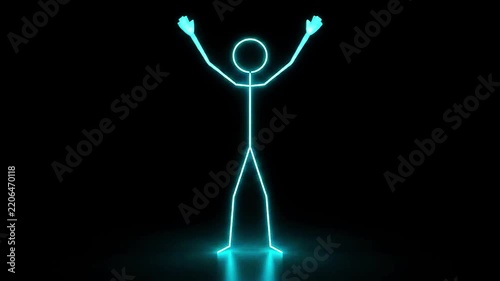 Glowing Neon Stick Figure Raising Arms in Celebration Animation