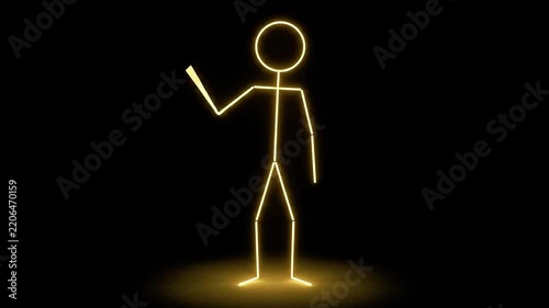 Glowing yellow neon stickman character waving hand in greeting animation