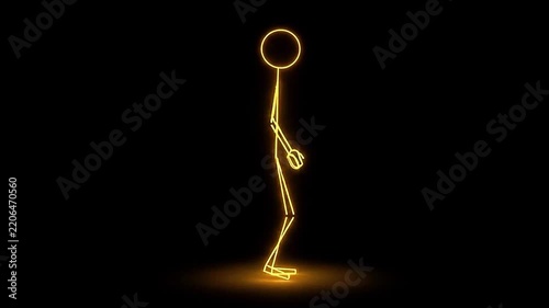 Glowing golden neon stickman character walking and spinning around animation