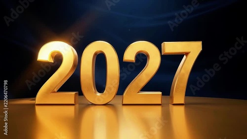 Golden 2027 new year text with marquee lights on podium
