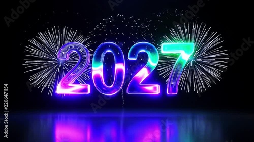 Purple and green metallic liquid forming 2027 with fireworks background