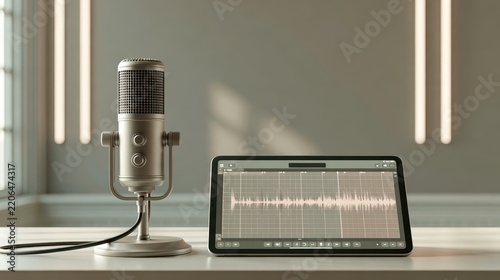 Modern recording studio setup with vintage microphone and digital audio workstation on tablet screen in professional music production environment