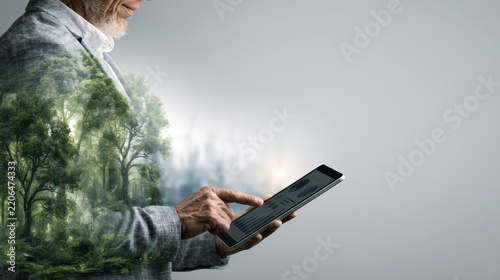 Elderly man using a tablet outdoors with a nature-themed double exposure background of trees and clear sky, capturing technology, nature, and senior lifestyle moments