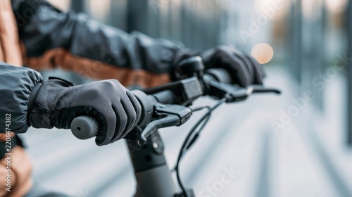Close-up of hands gripping handlebar of electric scooter with cityscape background, urban transportation, modern commute, mobility, and safety gear