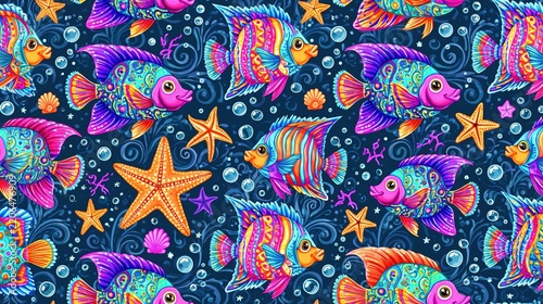 Numerous brightly colored tropical fish swim amidst marine life on a dark blue background.