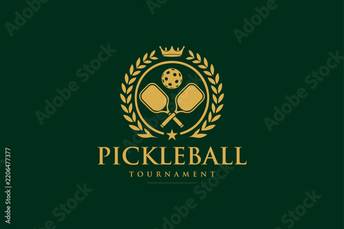 Pickleball Tournament Logo with Crossed Paddles and Ball in Elegant Gold Laurel Emblem for Sports Competition Event Championship and Branding