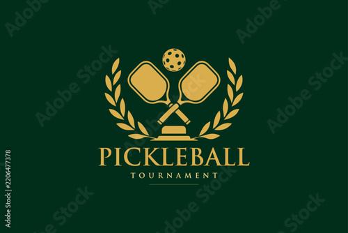 Pickleball Tournament Logo with Crossed Paddles and Ball in Elegant Gold Laurel Emblem for Sports Competition Event Championship and Branding