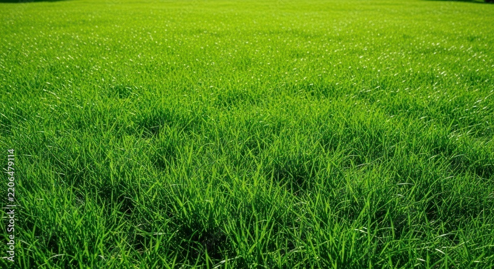 Obraz premium Vibrant Green Grass Field Under Bright Sunlight.