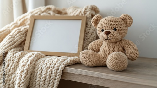 Blank frame, teddy bear, knitted blanket on shelf