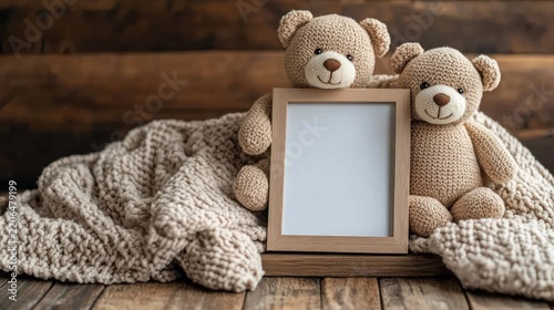 Blank frame, teddy bears, beige blanket on wooden background