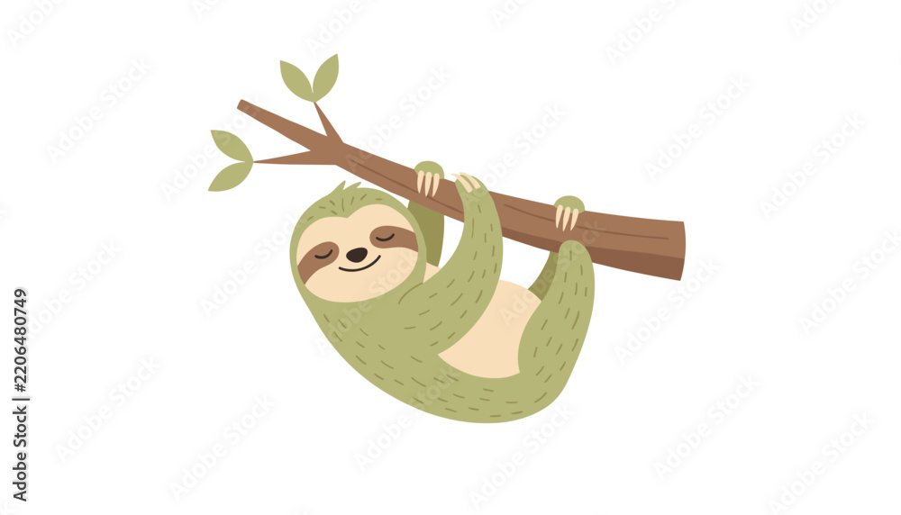Obraz premium Adorable cartoon sloth sleeping and hanging peacefully from a tree branch isolated on a white background.
