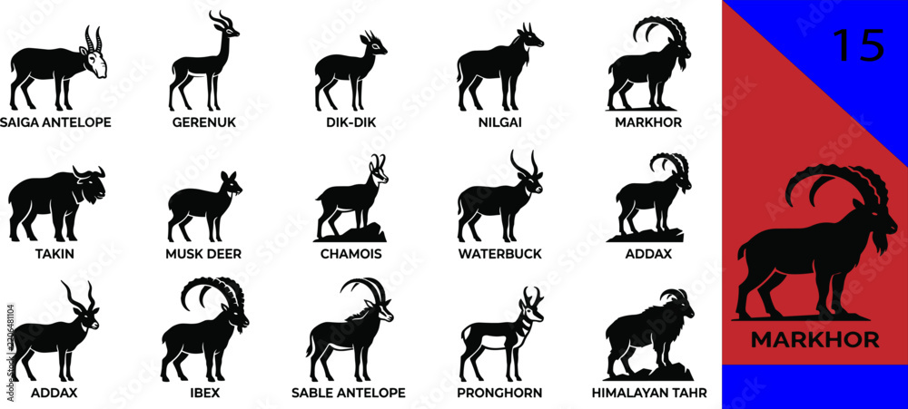 Fototapeta premium Black wild antelope silhouette icons set saiga gerenuk nilgai markhor takin chamois waterbuck addax ibex sable pronghorn tahr editable vector