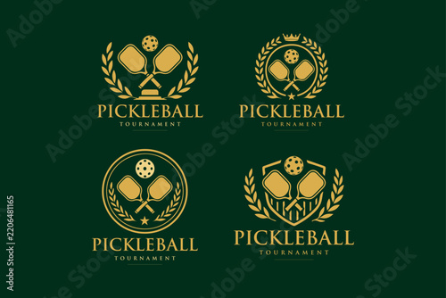 Pickleball Tournament Logo with Crossed Paddles and Ball in Elegant Gold Laurel Emblem for Sports Competition Event Championship and Branding