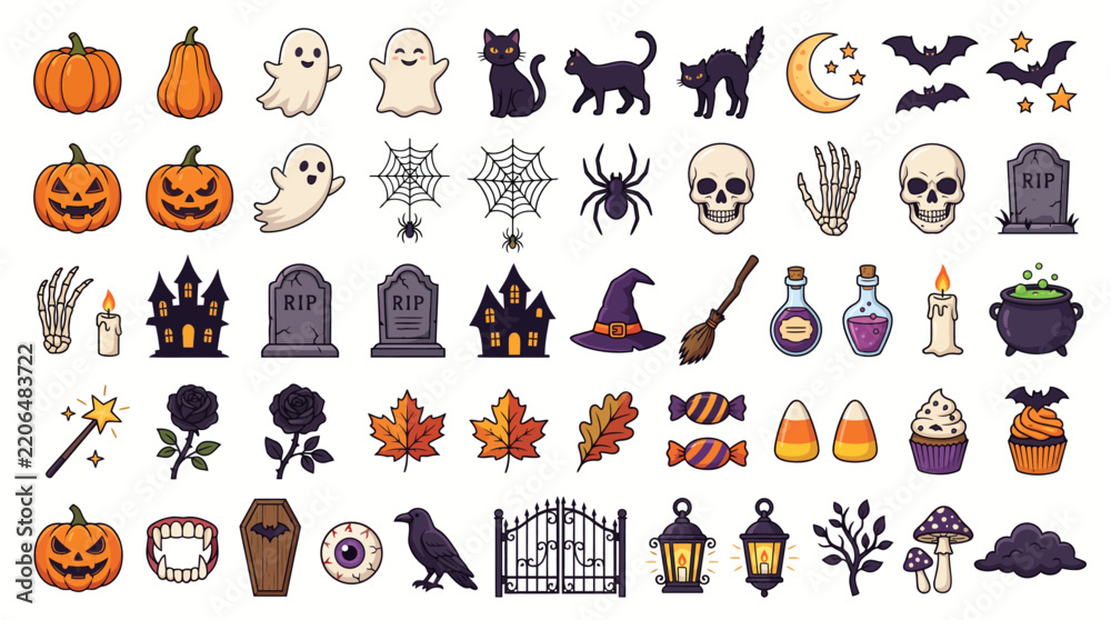 Obraz premium Vibrant Halloween-themed icons set featuring classic spooky symbols and decorations