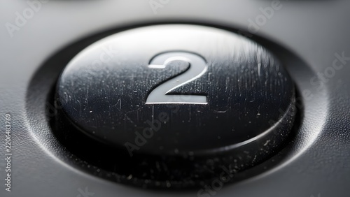 Macro close up of black circular button with engraved number two on electronic control panel