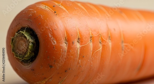 A close-up macro shot of a fresh, vibrant orange carrot, highlighting its textured skin and leafy stem end