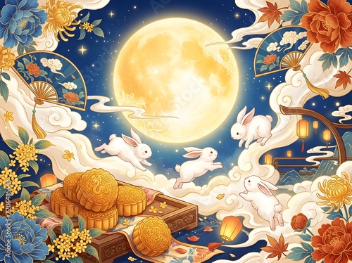 Whimsical Moonlit Fantasy Feast Featuring Playful Rabbits Leaping Amongst Golden Mooncakes Under Glowing Lanterns And Celestial Floral Decor