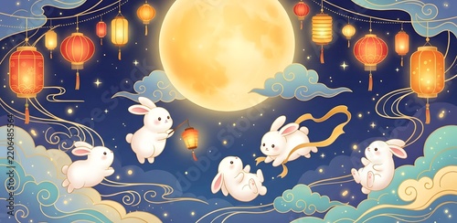 Whimsical Moonlit Sky with Floating Rabbits and Glowing Lanterns in Ethereal Clouds, Vibrant Celestial Festival Scene