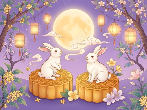 Whimsical Moonlit Scene Featuring Two Adorable Rabbits Sitting on Intricately Carved Mooncakes Beneath Glowing Lanterns and a Radiant Full