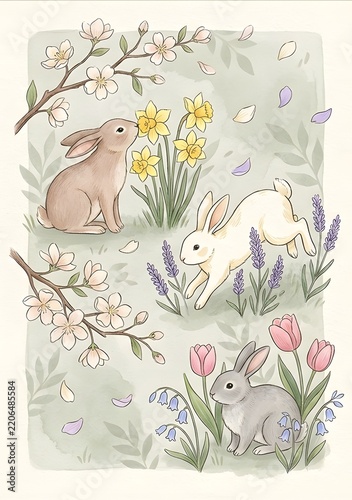 Whimsical Watercolor Rabbits Nestled Among Blooming Spring Flowers in Soft Pastel Garden Paradise