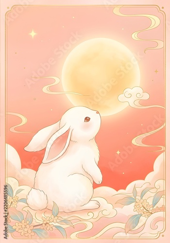 Whimsical White Rabbit Gazing at a Radiant Moon Amidst Ethereal Clouds and Delicate Floral Decorations in Soft Pastel Watercolor Style