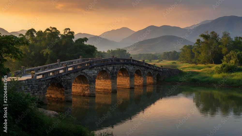 Fototapeta premium A panoramic view of the picturesque landscape in Ha Tien-Vietnam, an ancient masonry bridge spanning a peaceful river corridor preserved as an enduring symbol of regional craftsmanship and sustainable