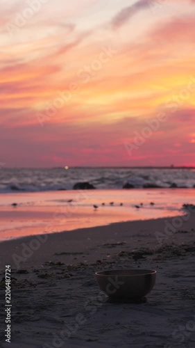 Singing bowl on beach at sunset with hand holding mallet