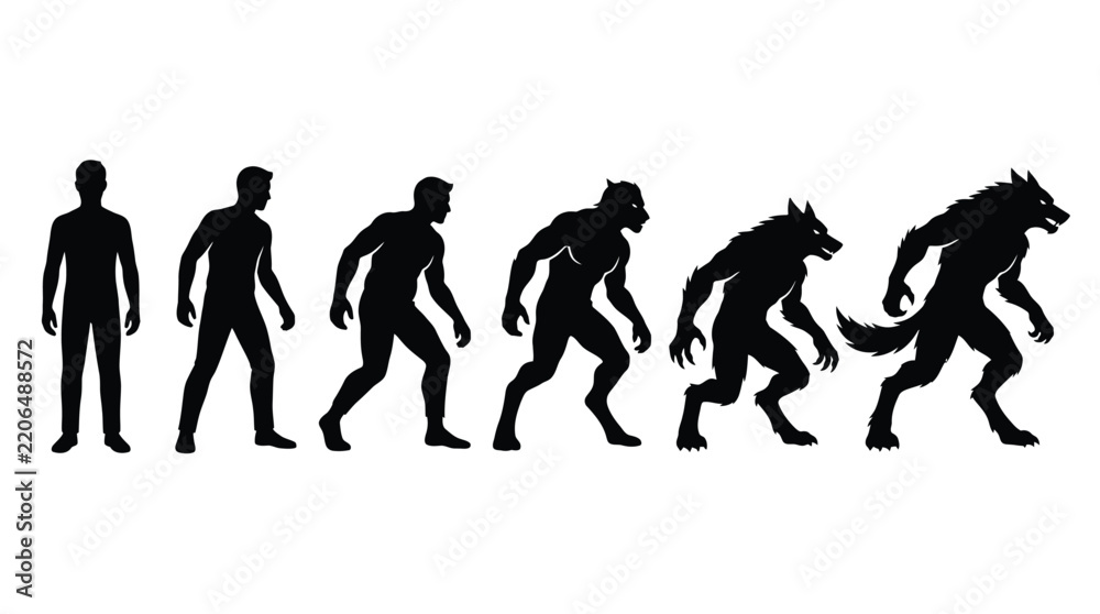 Obraz premium Evolution of human into werewolf showing a dark black silhouette design on a plain white surface