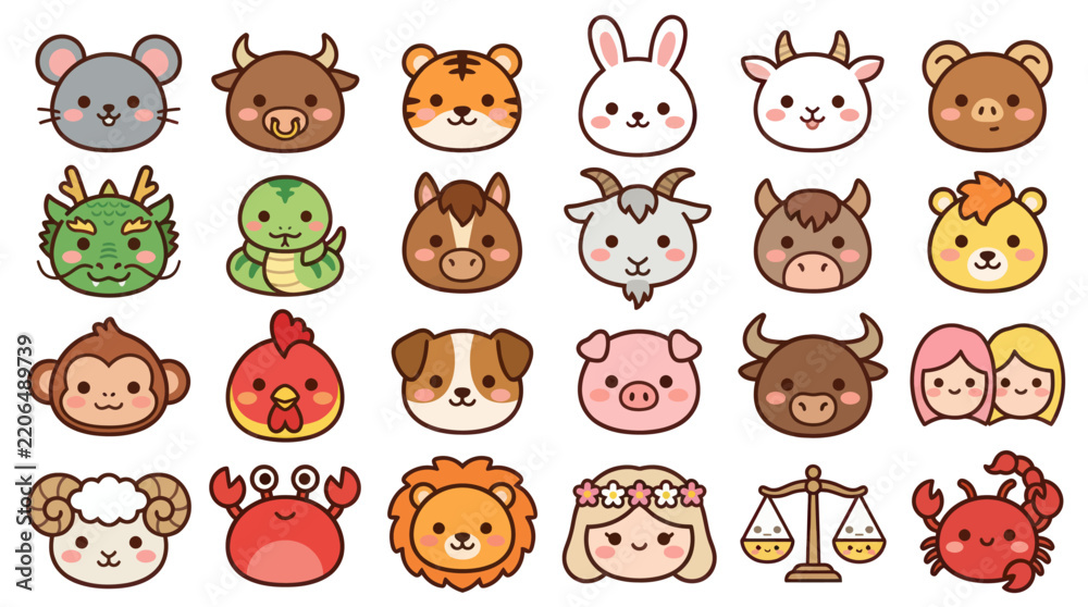 Obraz premium Cute animal faces zodiac symbols collection