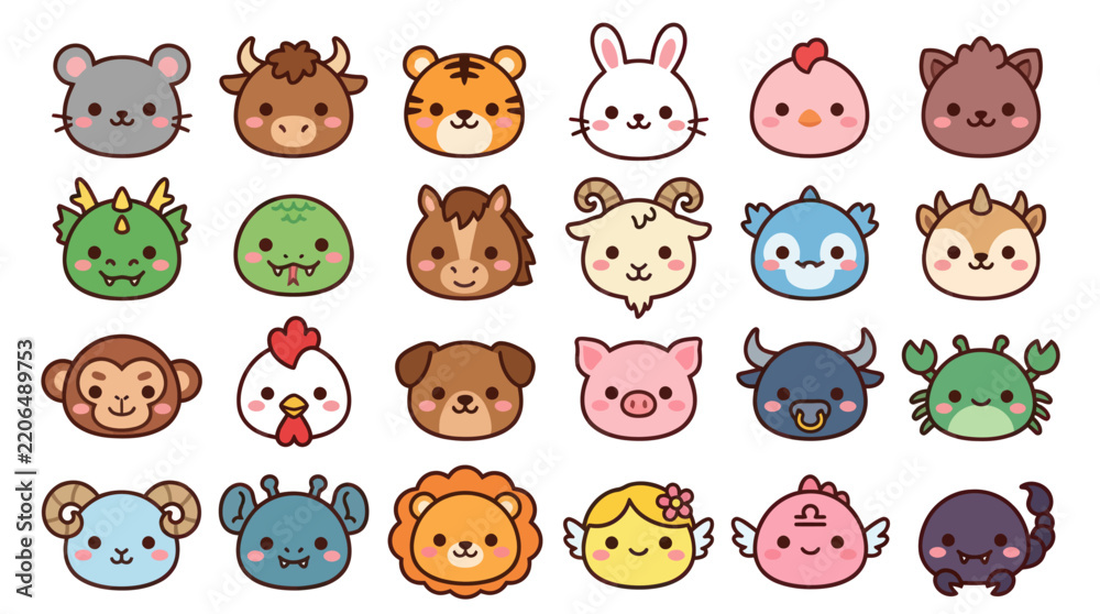 Fototapeta premium Cute animal faces zodiac symbols collection