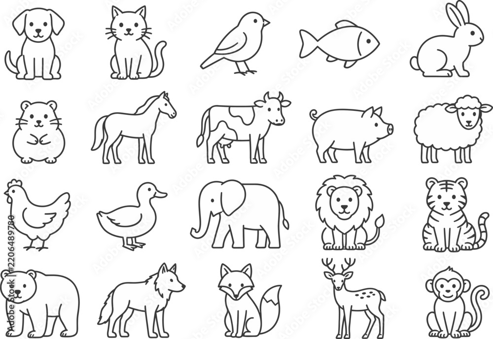 Obraz premium Animal icon set featuring minimalist line art illustrations of wild and domestic pets on a white background.
