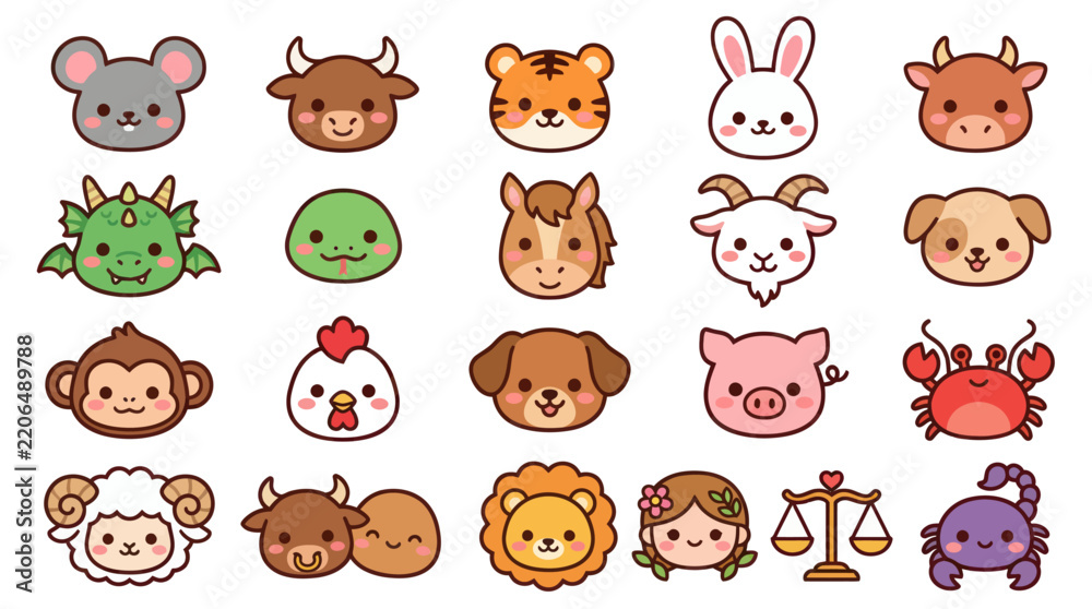 Fototapeta premium Cute animal faces zodiac symbols collection